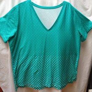 Lands' End Teal V-Neck Short Sleeve Dot Pattern Top